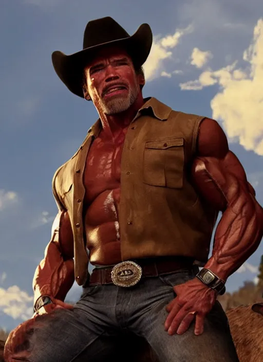 Image similar to an film still of arnold schwarzenegger as cowboy with beard, western background, unreal engine. amazing likeness. very detailed.