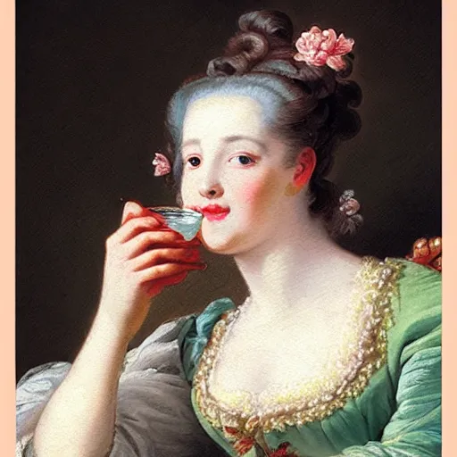 Prompt: a beautiful close - up portrait painting of a woman sipping tea in a park by francois boucher