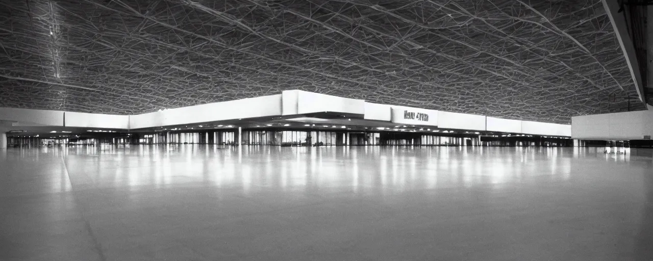 Image similar to the inside of an empty airport, late at night, eerie, 1 9 8 0 s