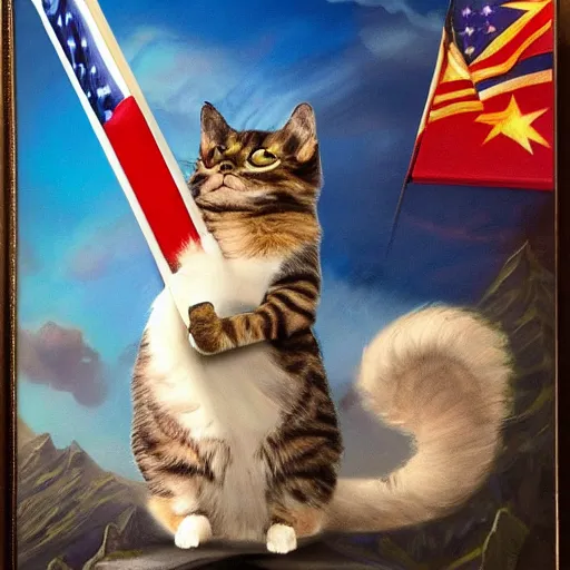 Image similar to a hyper real comic book style portrait painting in which a small cat holding a flag is riding a large fluffy cat on noble quests and into battle where backgrounds are wild and interesting with fascinating skies and epic terrain