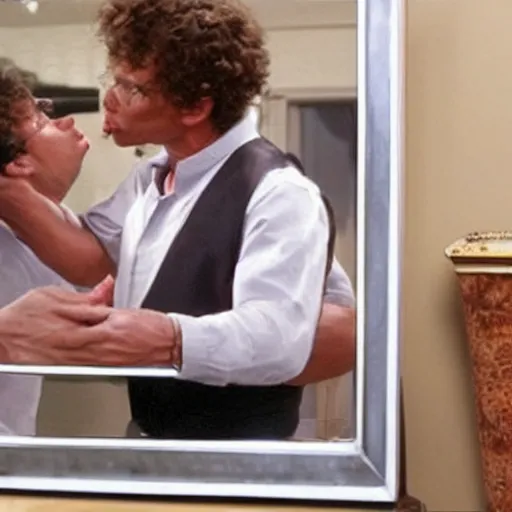 Image similar to jobe from arrested development kissing his own reflection in the mirror