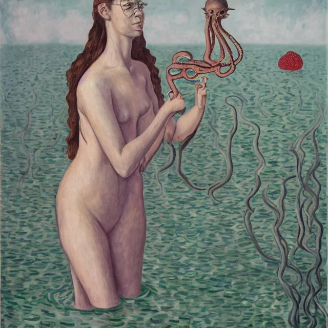 Prompt: a tall female pathology student holding an octopus, a river flooding inside, medical supplies, medical mask, syringes, pathology sample test tubes, pigs, plants in glass vase, water, river, rapids, canoe, pomegranate, berries dripping, waterfall, swans, acrylic on canvas, surrealist, by magritte and monet