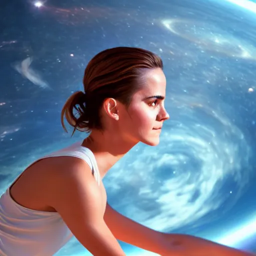 Prompt: emma watson as yoga instructor in space, trending high quality art station, cinematic shot, magical colors and atmosphere, perfect composition, coherent, 8 k