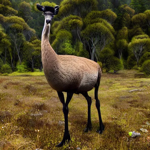 Image similar to high quality digital render of a moa grazing in a new zealand forest clearing.