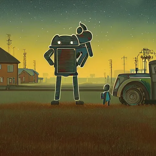 Image similar to metallic android carrying a sleeping child, background of farmland, buildings on fire, no blur, very detailed, nighttime, in the style of Simon Stalenhag