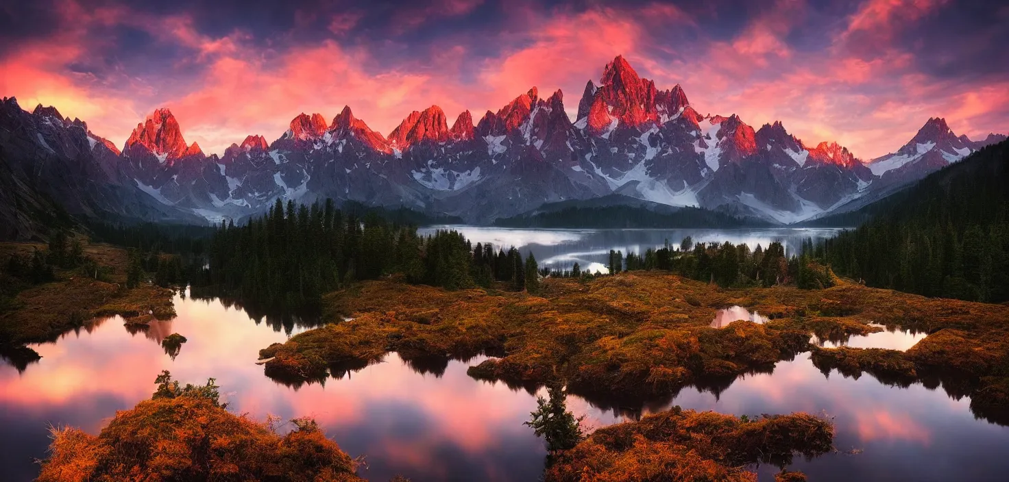 Image similar to amazing landscape photo of mountains with lake in sunset by marc adamus, beautiful dramatic lighting