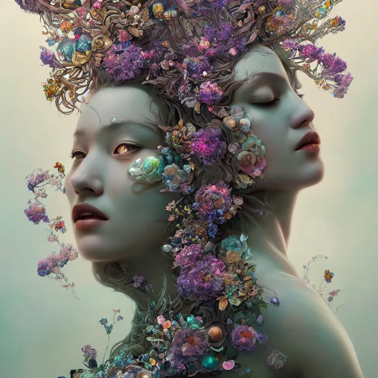 Image similar to breathtaking detailed concept art painting art deco portrait of gaea the goddess amalgamation flowers made of crystals, by hsiao - ron cheng, bizarre compositions, exquisite detail, extremely moody lighting, 8 k