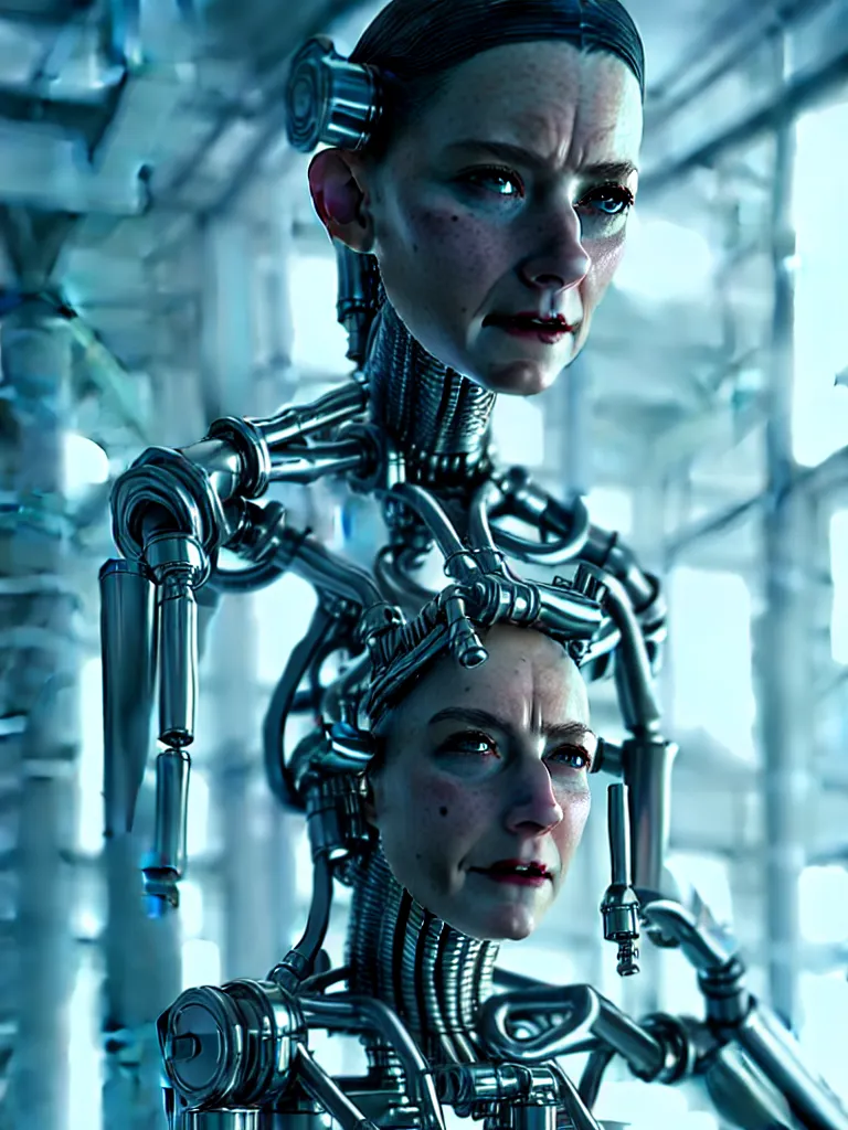 Image similar to film still of a mechanical woman in a marvel movie, science fiction industrial hard science concept art, 8K render octane high definition cgsociety, photorealistic, unreal engine 5