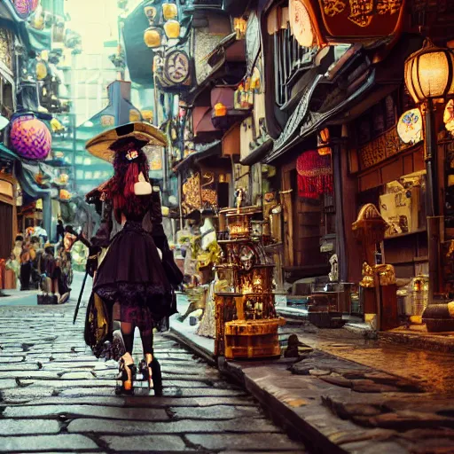 Image similar to steampunk witch making potions in the streets of japan, fairy tale, stunning, surrounding cinematic light, hyper detailed, ornate and intricate, 4 k cinematic octane render