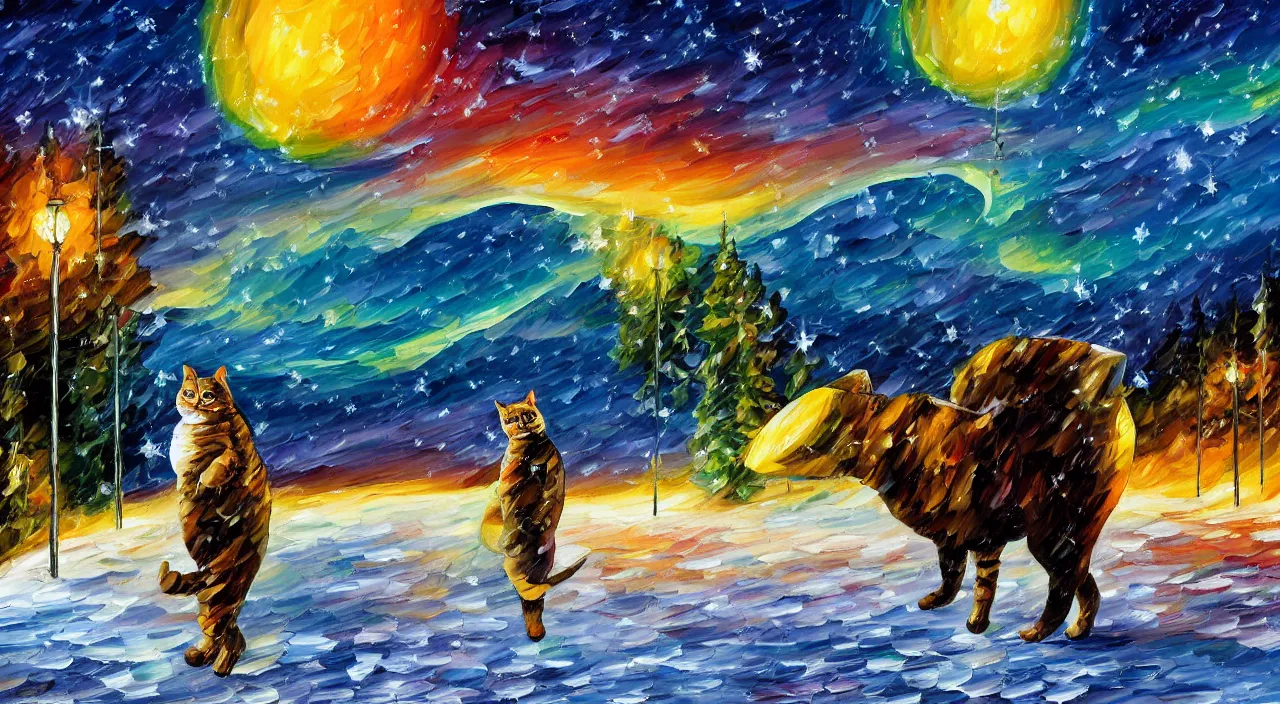 Prompt: a cat wearing a yellow raincoat, cowboy hat and aviator sunglasses, traversing a world of ice under a beautiful starlit sky with northern lights by leonid afremov