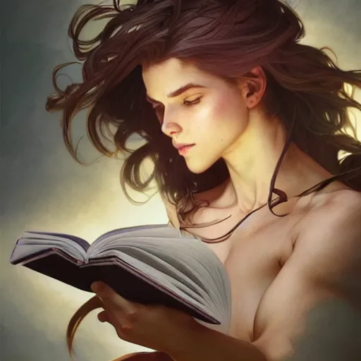 Prompt: a girl reading a book, dynamic action pose, hair flowing down, intricate, highly detailed, digital painting, artstation, concept art, smooth, sharp focus, illustration, Unreal Engine 5, 8K, art by artgerm and greg rutkowski and alphonse mucha