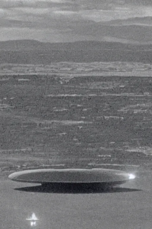 Prompt: still from vhs footage of ufo landing at military base