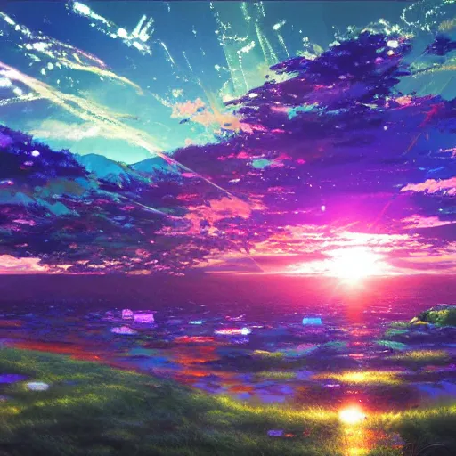 Image similar to disco diffusion painting of a landscape by makoto shinkai, masterpiece, contest award winner