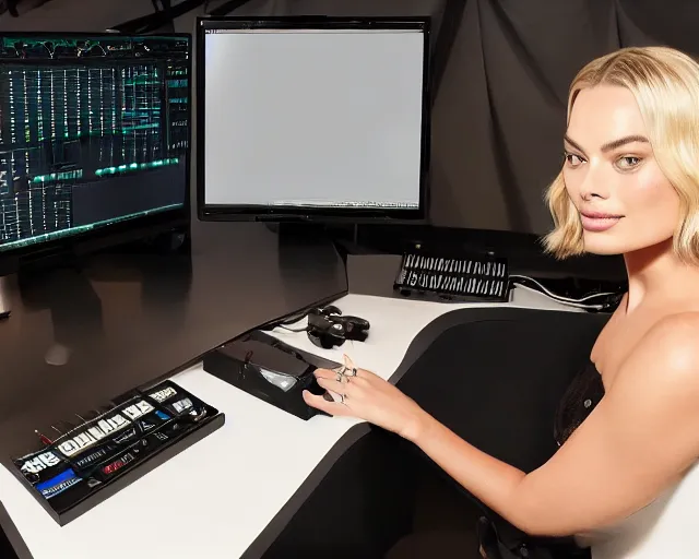 Prompt: sp - 4 0 4 audio sampling workstation being used by margot robbie, award winning product advertising still, 4 k 8 k 1 6 k