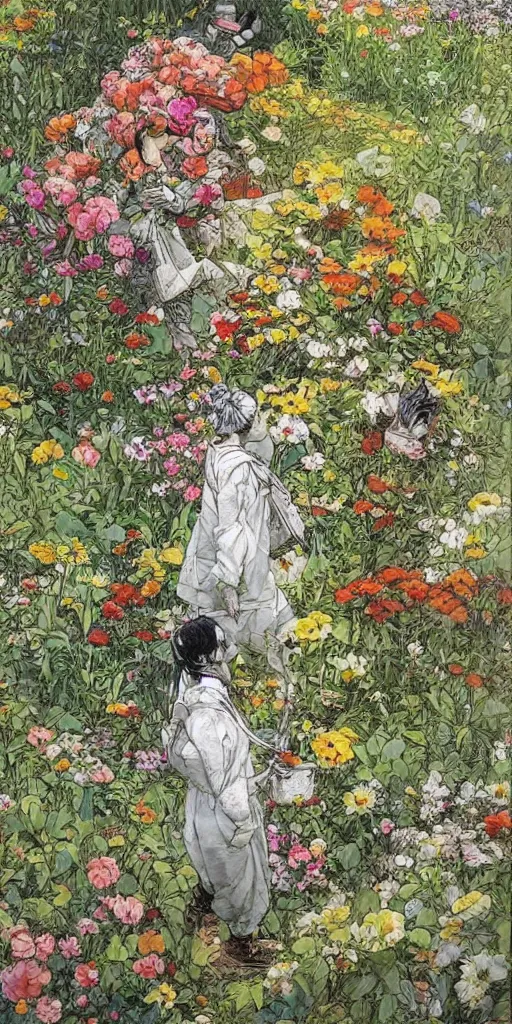 Image similar to oil painting scene from gardeners in the flower garden by kim jung gi