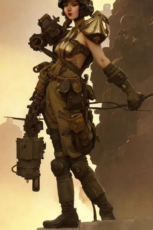 Image similar to dieselpunk soldier girl, helmet, shoulders, chest, portrait, armored, illustrations by wlop and alfons maria mucha and craig mullins and loish and rossdraws and artgerm