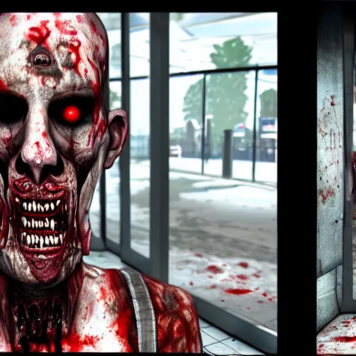 Image similar to highly detailed portrait of a boomer zombie from left 4 dead, style of stephen bliss, in a shopping mall with waterfountain, unreal engine, global illumination, detailed and intricate environment