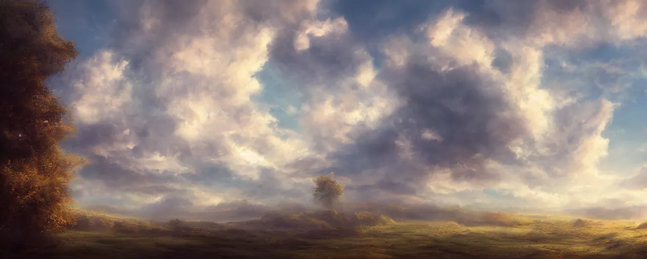 Image similar to peaceful puffy clouds, matte painting, concept art, 4k