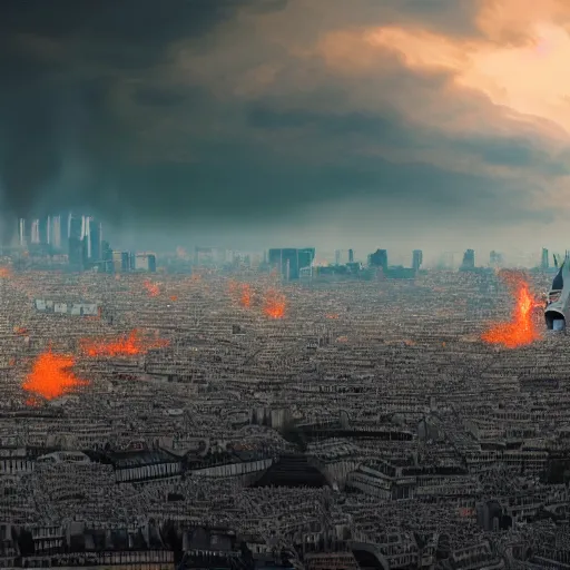 Image similar to a panoramic photo of paris during apocalypse, fire, fumes, 4 k, high quality, artstation