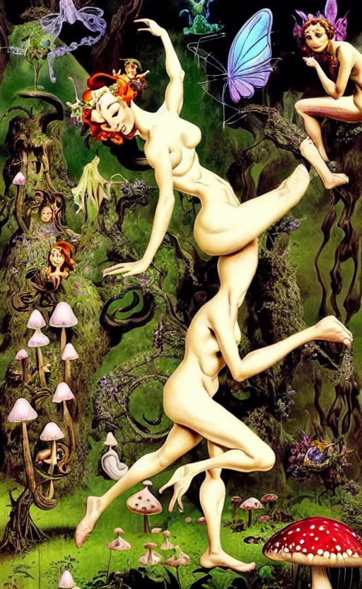 Image similar to fairies with detailed faces and true anatomy, enchanted forest, mushrooms on the ground, psychedelic, wide angle shot, white background, vector art, illustration by frank frazetta and salvador dali