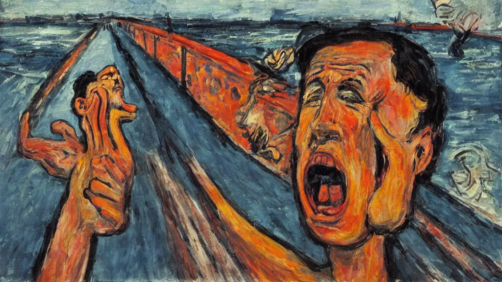 Prompt: a man screaming on a bridge. expressionism.
