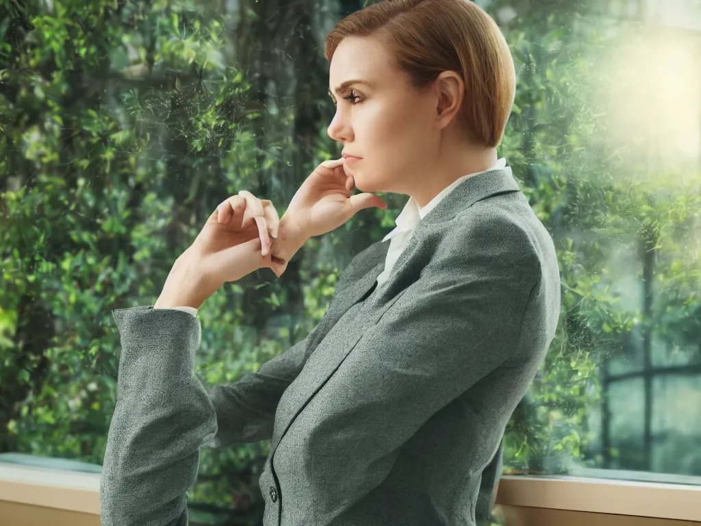 Image similar to woman thinking deeply, close up, head tilted wearing office suit, portrait pose beside window, green foliage in background, bokeh, backlighting, stock photo, 4k, octane render, photorealistic