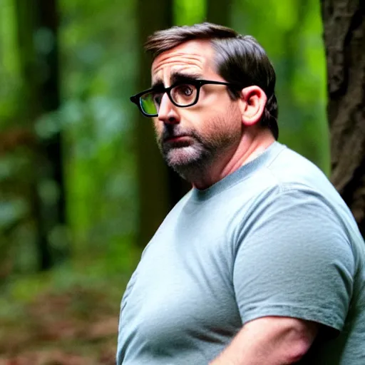 Image similar to chubby Steve Carell meditate in the Forest