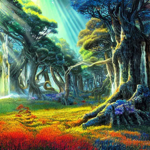 Prompt: ancient forest with moniliths, sun rays, colorful, flowerfield, vhs, high detailed, hiro isono style,