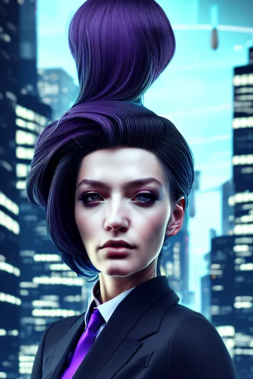 Image similar to hyperdetailed very close portrait of a european thirty years old woman in an elegant suit with a pin in a cyberpunk city inspired by ross tran and wlop and masamune shirow and kuvshinov, concept art, intricate, photorealistic, octane render, rtx, hdr, unreal engine, dnd digital art by artgerm fine face