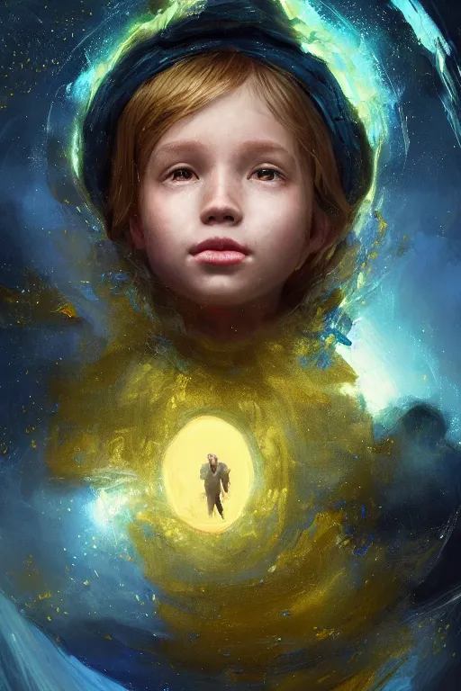 Prompt: a fancy portrait of a small golden celestial child in a blue and green portal, by greg rutkowski, sung choi, mitchell mohrhauser, maciej kuciara, johnson ting, maxim verehin, peter konig, bloodborne, 8 k photorealistic, cinematic lighting, hd, high details, dramatic, dark atmosphere, trending on artstation