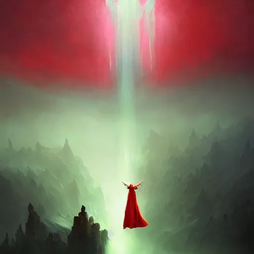 Prompt: ''cinematic shot'' red hooded wizard with bells ringing simetrical 8 k atmosferic realistic, wearing a green cape, holding a bell, made by ivan aivazovsky, peter mohrbacher, greg rutkowski volumetric light effect broad light oil painting painting fantasy art style sci - fi art style realism premium prints available artwork unreal engine