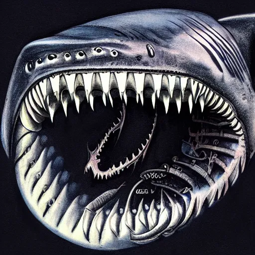 Prompt: giger illustration of a shark, Alien mouth