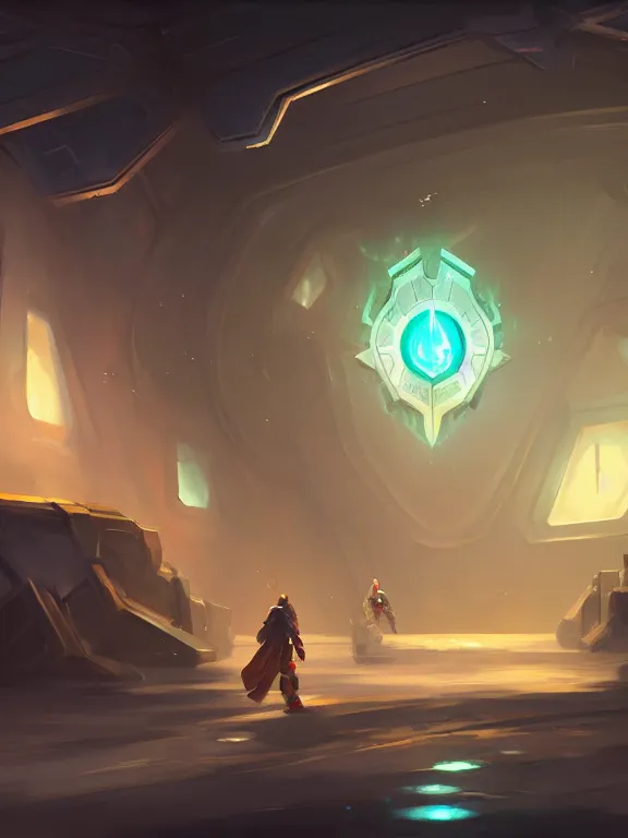 Image similar to sci fi environment concept art featuring a shield enchanted with energy, weapon shop interior, legendary item, shelf, fantasy, trending on artstation, stylistic, brush strokes, oil, canvas, by kawacy and makoto shinkai