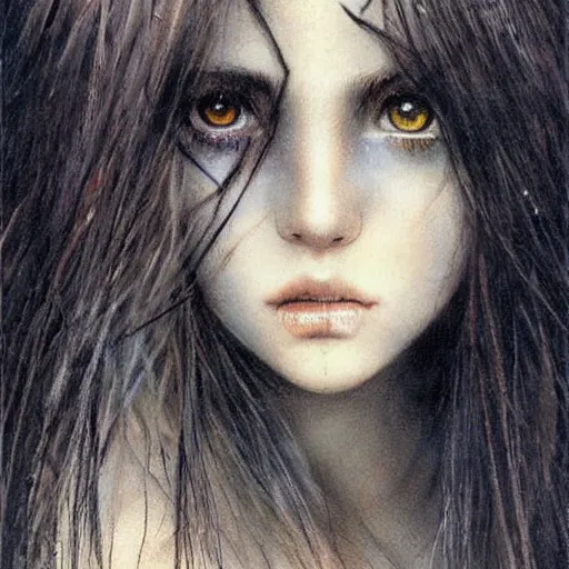 Prompt: young teen female with ((((crow)))) head , painting by Luis Royo