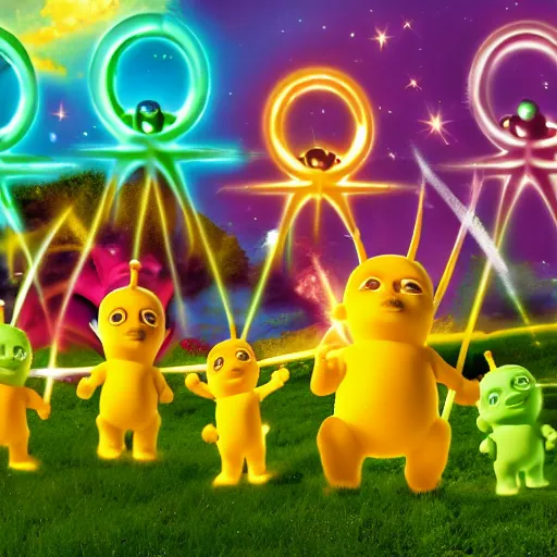 Prompt: high resolution teletubbies forming a phalanx murdering minions Hoplites corpses in the style of Shumate