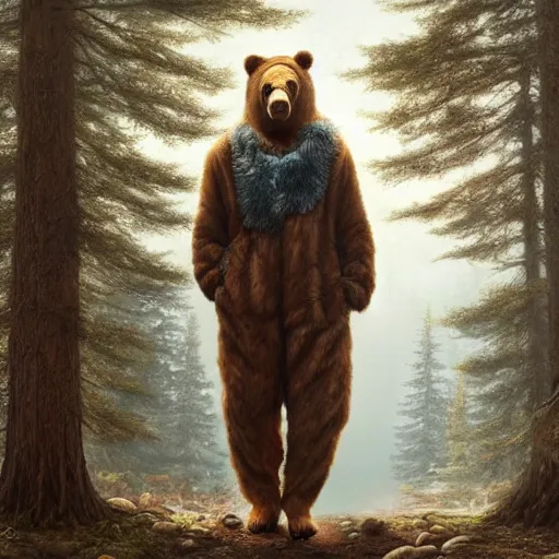 Image similar to Sad man in a bear mask, hyperrealism, no blur, 4k resolution, ultra detailed, style of Jonathan Solter, Peter Mohrbacher,Alexander Trufanov, Finnian MacManus, Ivan Shishkin