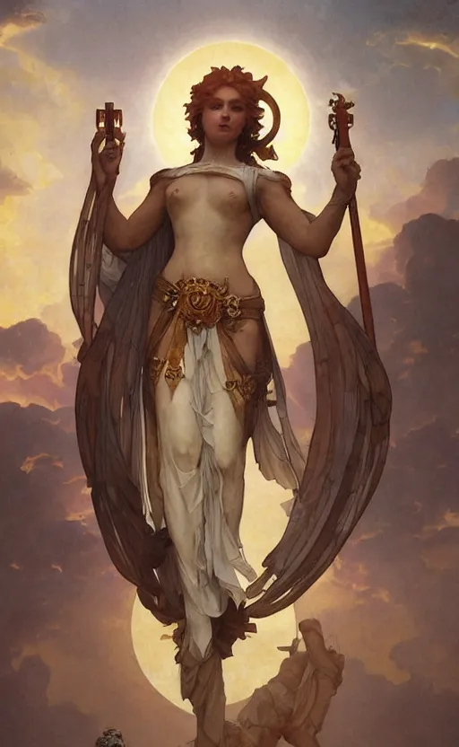 Image similar to solarpunk four armed statue of the goddess of the sun helios descending from olympus, artstation, concept art, smooth, sharp focus, illustration, art by artgerm and greg rutkowski and alphonse mucha and william adolphe bouguereau and john william waterhouse and gianlorenzo bernini