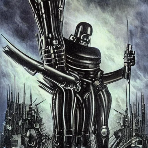 Prompt: a synthetic soldier shooting a massive monster, by h.r Giger, large sense of scale