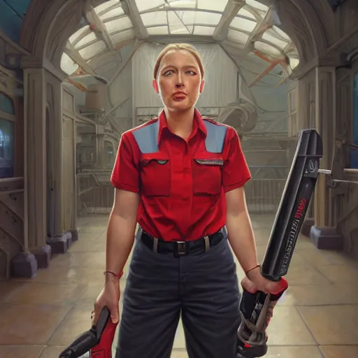 Image similar to epic portrait a slightly muscular woman wearing short sleeved uniform and carrying a red power tool drill, detailed, centered, digital painting, artstation, concept art, donato giancola, Joseph Christian Leyendecker, WLOP, Boris Vallejo, Breathtaking, 8k resolution, extremely detailed, beautiful, establishing shot, artistic, hyperrealistic, beautiful face, octane render