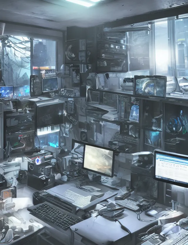 Image similar to artstation scifi scene of a complex computer workstation in a small studio apartment room, many monitors, many electronics, a window view, very detailed, maximalism, ambient occlusion, volumetric light, sun beam, atmospheric haze, unreal engine, hyper realism, realistic shading, cinematic composition, realistic render, octane render, detailed textures, photorealistic, wide shot