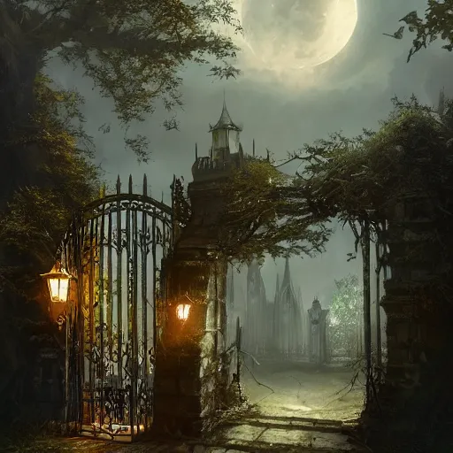 Image similar to a hidden gate in the trees, victorian setting, dramatic light, castle background, clouds, moon, storm, night, high detail, fantasy background, painted by greg rutkowski, digital art, trending on artstation