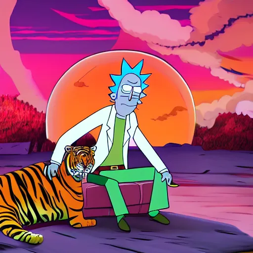 Prompt: Rick and Morty cartoon sleeping on a tiger. cinematic, dramatic lighting, trending on deviantart