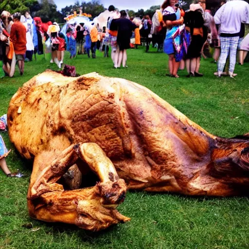 Image similar to wide shot of a whole roast camel served on a giant plate in front of a group of people in Halloween costumes at a picnic. The picnic is a Halloween party.