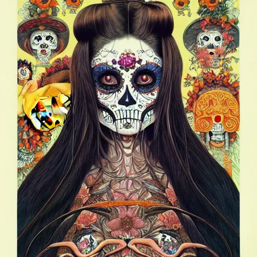 Image similar to beautiful portrait painted in jacek yerka and aykut aydogdu style drawn by sasha bom and takato yamamoto, inspired by dia de los muertos, intricate acrylic gouache painting, high detail, sharp high detail, artstation, manga and anime