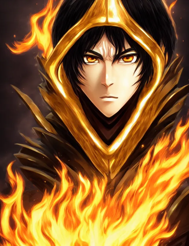 Image similar to a detailed manga portrait of a black haired man with hazel eyes in gleaming golden armour that burns with golden fire, trending on artstation, digital art, 4 k resolution, detailed, high quality, sharp focus, hq artwork, coherent, insane detail, character portrait