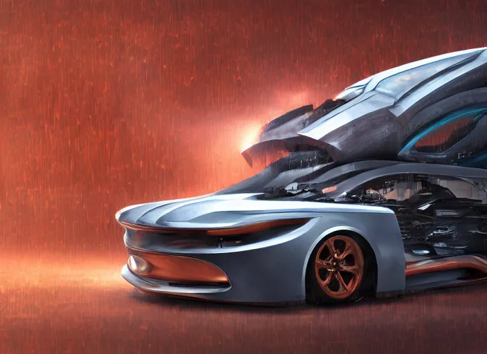 Prompt: an automobile with copper paint, in a studio, futuristic, art style by pablo carpio, car design by vergil exner, big engine and big wheels. full view, blank background.