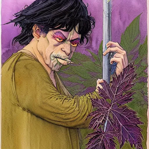 Image similar to a realistic and atmospheric watercolour fantasy character concept art portrait of elmo with pink eyes smoking a huge blunt looking at the camera with a pot leaf nearby by rebecca guay, michael kaluta, charles vess and jean moebius giraud