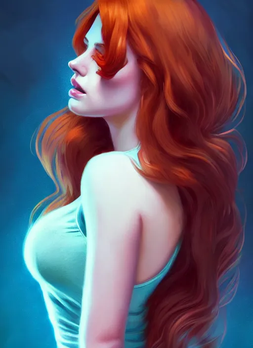 Image similar to full body portrait of teenage cheryl blossom, bangs, green eyes, mischievous expression, red hair, sultry smirk, bangs and wavy hair, intricate, elegant, glowing lights, highly detailed, digital painting, artstation, concept art, smooth, sharp focus, illustration, art by wlop, mars ravelo and greg rutkowski