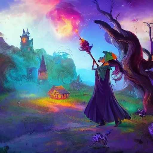 Image similar to beautiful witch casting a powerful spell on a village, beautiful composition, wide angle, colorful, cinematic, volumetric lighting, intricate details painting