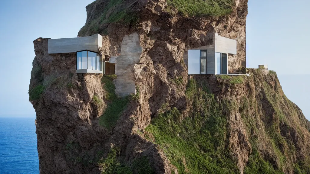 Prompt: house built on the side of a cliff, award winning photo